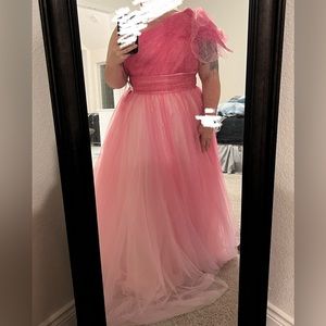 Mac Duggal Asymmetrical One Shoulder Short Ruffle Sleeve Ruched Ombre Ballgown